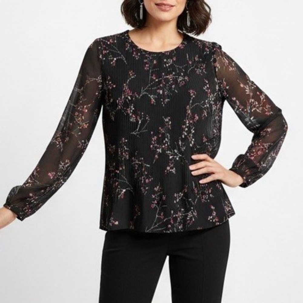 Christopher & Banks Women Blouse Floral Pleated Chiffon Workwear Black Small